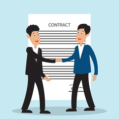 Obraz premium two business man shaking hands to each other with signed contract form. vector illustration