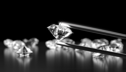 Diamond in tweezers on a dark background with diamonds group soft focusing, 3d rendering. - obrazy, fototapety, plakaty