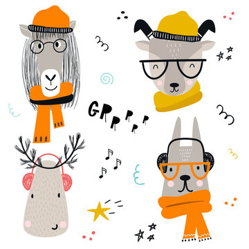 Collection of cute kids cartoon animals with clothes and accessories. Set of wild characters in scandinavian style.