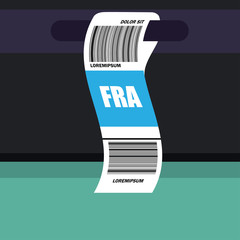 luggage tag label on suitcase with frankfurt germany country code and barcode. vector illustration