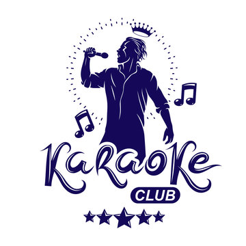 Karaoke club flyers vector cover design created using musical notes, stars and soloist singing to microphone. Emcee show advertising poster