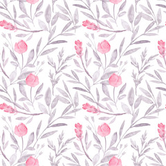 Gentle watercolor illustration of peony flowers and leaves in light pink and grey colors. Watercolor seamless pattern for wedding cards and invitations.