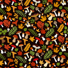 Vector seamless background with mushrooms and autumn leaves on a black background