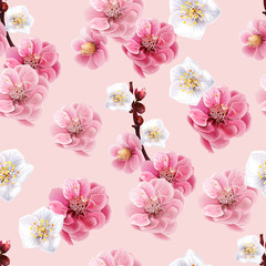 Chinese plum and peony flowers pink color seamless background pattern,vector illustration
