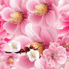 Chinese plum flowers pink color seamless background pattern,vector illustration