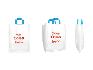 3d vector realistic white shopping bags with blue handles, plastic packet with blank space for advertising, front and side view, illustration isolated on background. Ready mockup for brand design