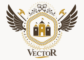 Vector illustration of old style heraldic emblem made with keys and medieval tower