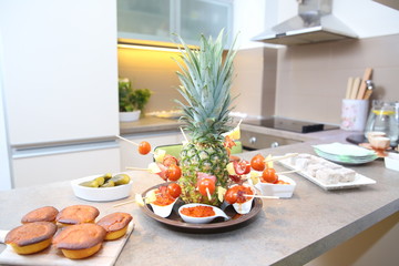 catering appetizer ham, cheese, tomato and salty mafin