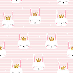 Cute bunny princess with gold glitter crown seamless pattern. Fashion kids graphic. Vector hand drawn illustration.