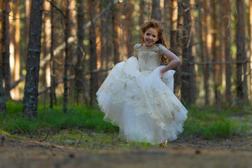 Fototapeta na wymiar Little girl walks in a summer forest in a dress