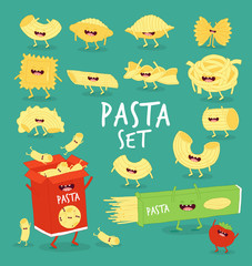Set of different types of pasta. Vector illustration. You can use for cards, fridge magnets, stickers, posters or restaurant menu. - 214085508