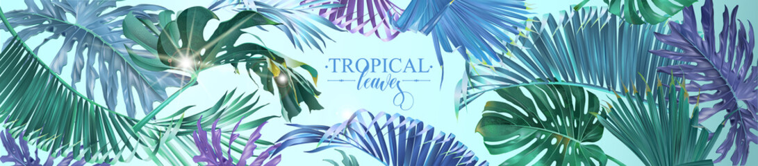 Vector horizontal tropical leaves banner on light blue background. Exotic botanical design for cosmetics, spa, perfume, health care products, aroma, wedding invitation. Best as web banner