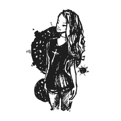 Graphic sketch style illustration with a woman in a black dress. Ink handmade drawing. Modern fashion illustration.