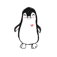 Nice and happy hand drawn cartoon penguin isolated on a white background.  Doodle character.