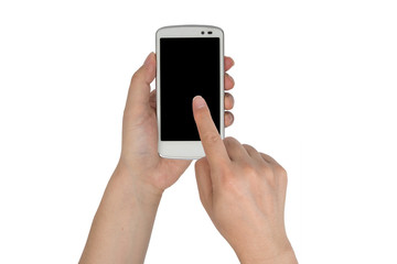 close up hand hold smartphone isolated.