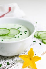 Homemade Chilled Cucumber Soup served in a white bowl