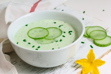 Homemade Chilled Cucumber Soup served in a white bowl