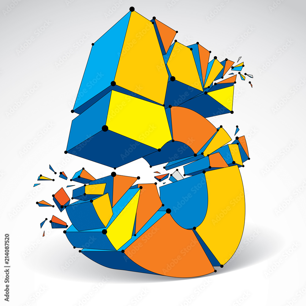 Poster abstract vector low poly wrecked number 5 with black lines and dots connected. 3d origami futuristic