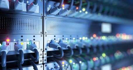 Data center cloud connection network router and switch. 4k 60 fps UHD seamless loop. f network devices with blinking lights with ports - Powered by Adobe