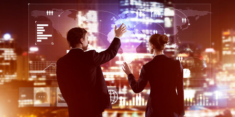 Concept of partnership and cooperation with people using virtual interface