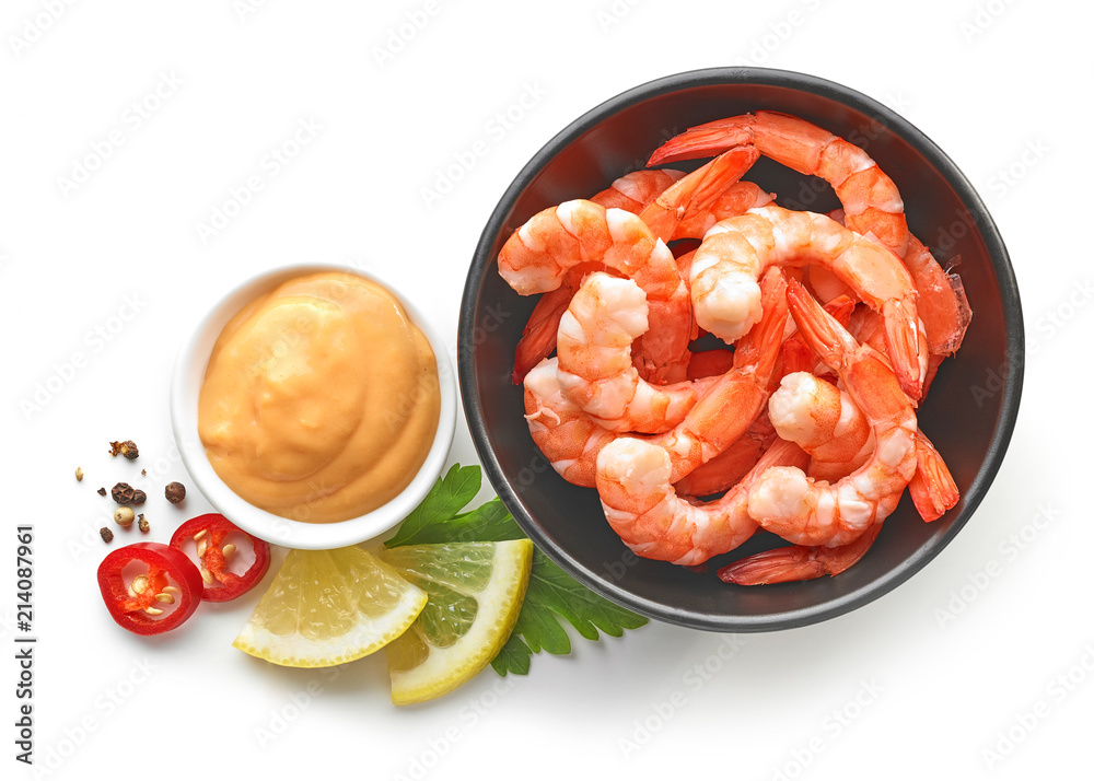 Wall mural bowl of boiled gambas and salca sauce