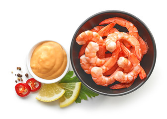 bowl of boiled gambas and salca sauce