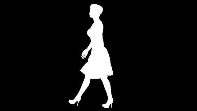 Silhouette of a walking girl with a handbag. Alpha channel. Alpha matte. FullHD.
