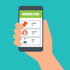 hand holding cellphone for online shopping groceries