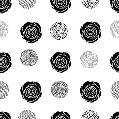 Seamless pattern with black roses and circles on the white background.