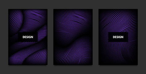 Distortion of Stripes. Abstract Backgrounds with Vibrant Gradient and Wave Lines. Ultraviolet Cover Templates Set with Volume and Metallic Effect. Distorted Shapes for Business Presentation, Brochure.