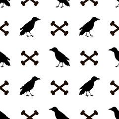 Seamless pattern with black ravens and bones on the white background