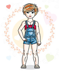 Cute little redhead girl in fashionable casual clothes standing on colorful backdrop with hearts. Vector human illustration.