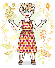Cute happy little blonde girl posing on background of autumn landscape and wearing fashionable casual clothes. Vector character.
