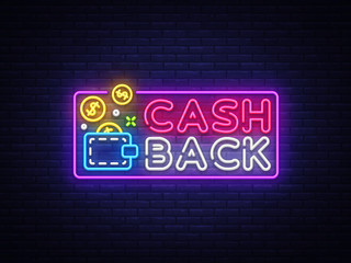 Cash Back sign vector design template. Wallet Cash Back symbols neon logo, light banner design element colorful modern design trend, night bright advertising, bright sign. Vector illustration