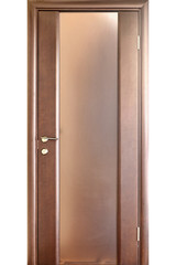 Wooden interior door of mahogany wood with brass handle and insets of frosted glass isolated on white