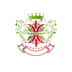 Retro vintage Insignia created with lily flower and imperial crown. Vector product quality idea design element, Fleur-De-Lis.