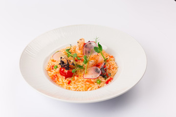 Front and Top View Isolated - Risotto spring with shrimp Seafood.