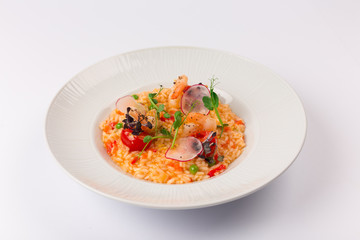 Front and Top View Isolated - Risotto spring with shrimp Seafood.