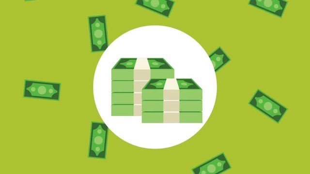 Billets in round icon and cash faling over green background High Definition animation colorful scenes