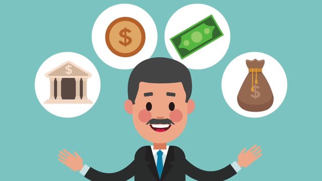Businessman with money round icons High Definition animation colorful scenes