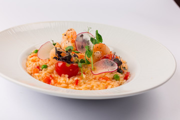 Front and Top View Isolated - Risotto spring with shrimp Seafood.
