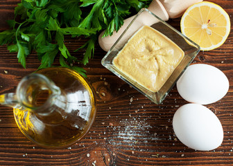 Homemade mayonnaise sauce with fresh vegetables