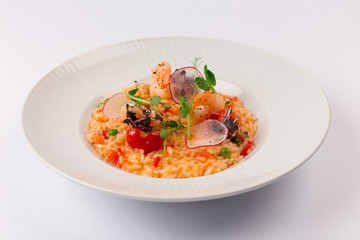 Front and Top View Isolated - Risotto spring with shrimp Seafood.