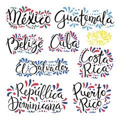 Set of hand written calligraphic lettering quotes with Latin American countries names, decorative ornament. Isolated objects on white background. Vector illustration. Design concept for banner, card.