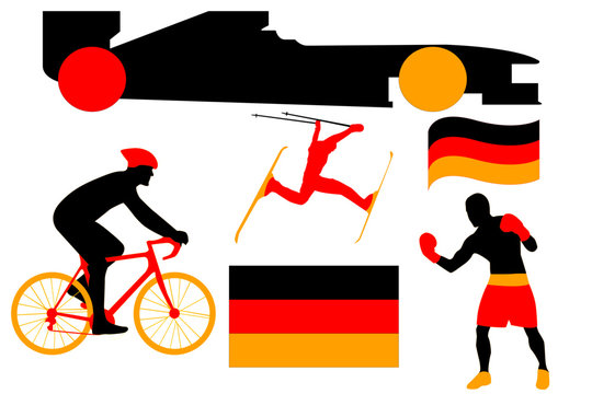 German flag on the images of national games formula one, cycling, boxing and skiing
