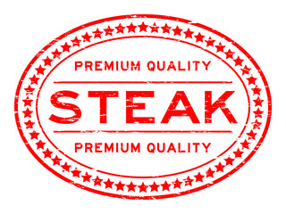 Grunge red premium quality steak oval seal stamp on white background