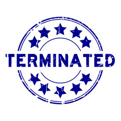 Grunge blue terminated with star icon round rubber seal stamp on white background