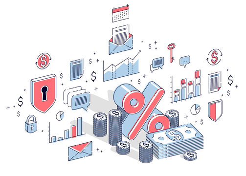 Percentage rate income profit concept, percent symbol with cash money stack isolated on white background. Isometric 3d vector finance illustration with icons, stats charts and design elements.