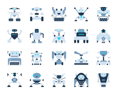 Robot simple flat color icons vector set