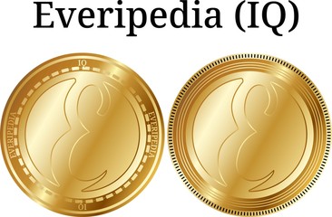 Set of physical golden coin Everipedia (IQ), digital cryptocurrency. Everipedia (IQ) icon set. Vector illustration isolated on white background.
